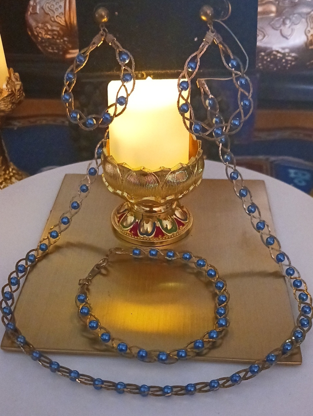 Gold-Tone Blue Bead Necklace, Bracelet & Earrings Set